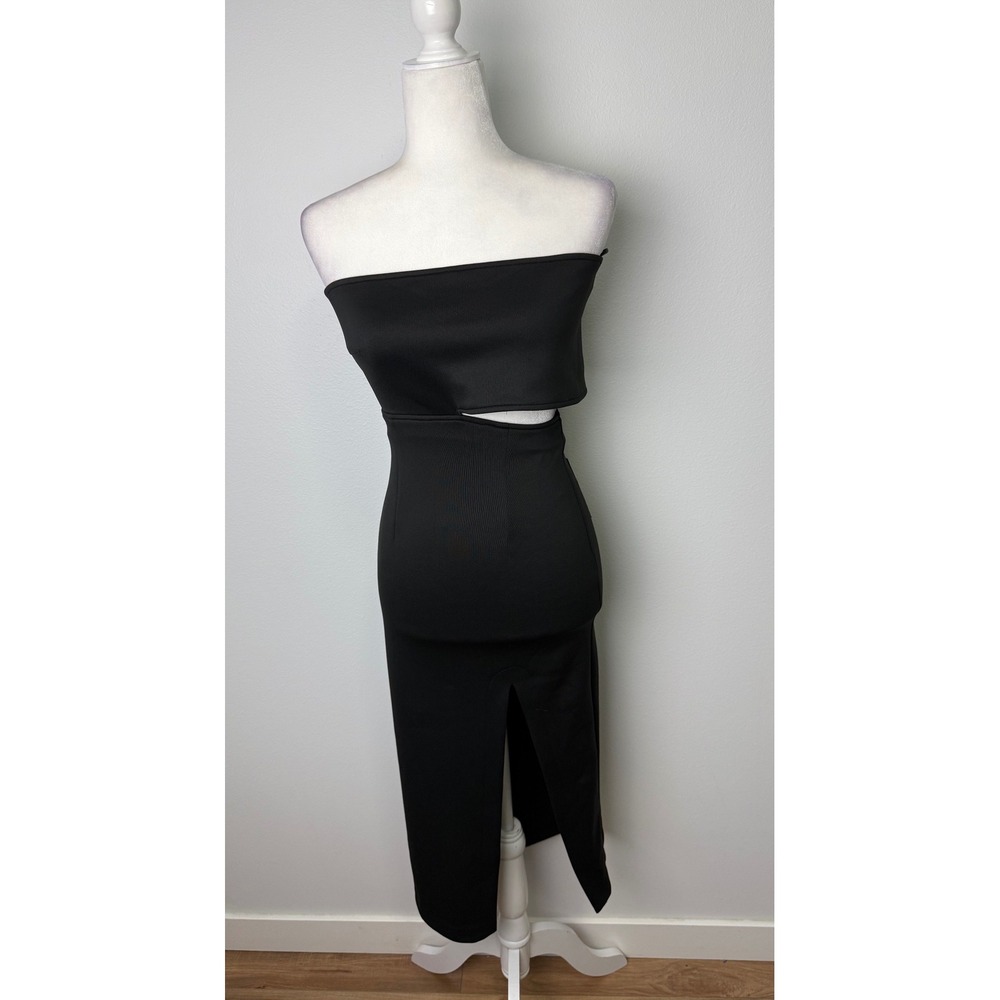 Maurie + Eve Genesis Dress Black Strapless Cutout Midi Front Slit Size 6 NEW